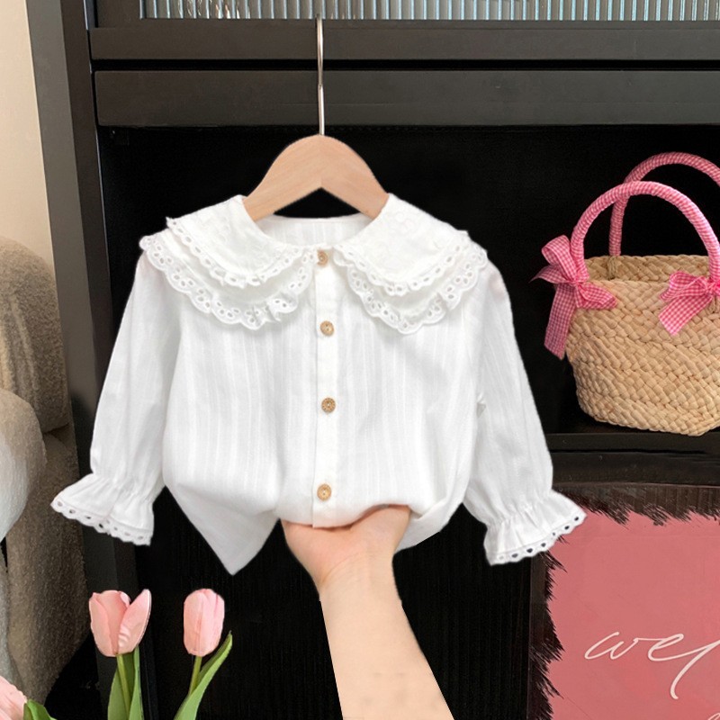 Picture of Girls' Shirt Children's Spring and Autumn Clothes Korean Style Western Style White Lace Shirt with Large Lapel for Baby Long Sleeve Top