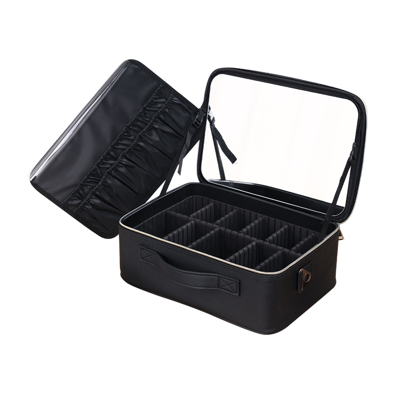 Picture of New cosmetic bag with mirror high capacity portable beauty cosmetics partition storage box black