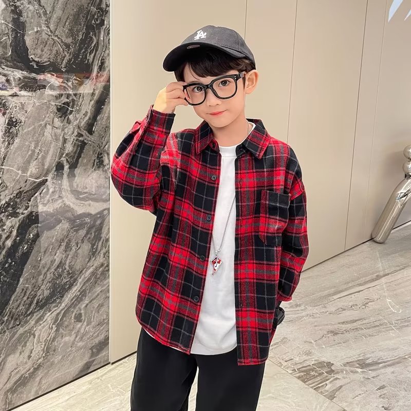 Picture of Boys' Shirt Spring and Autumn 2024 New Children's Shirt Large Children's Plaid Lapel Korean Casual Spring Top