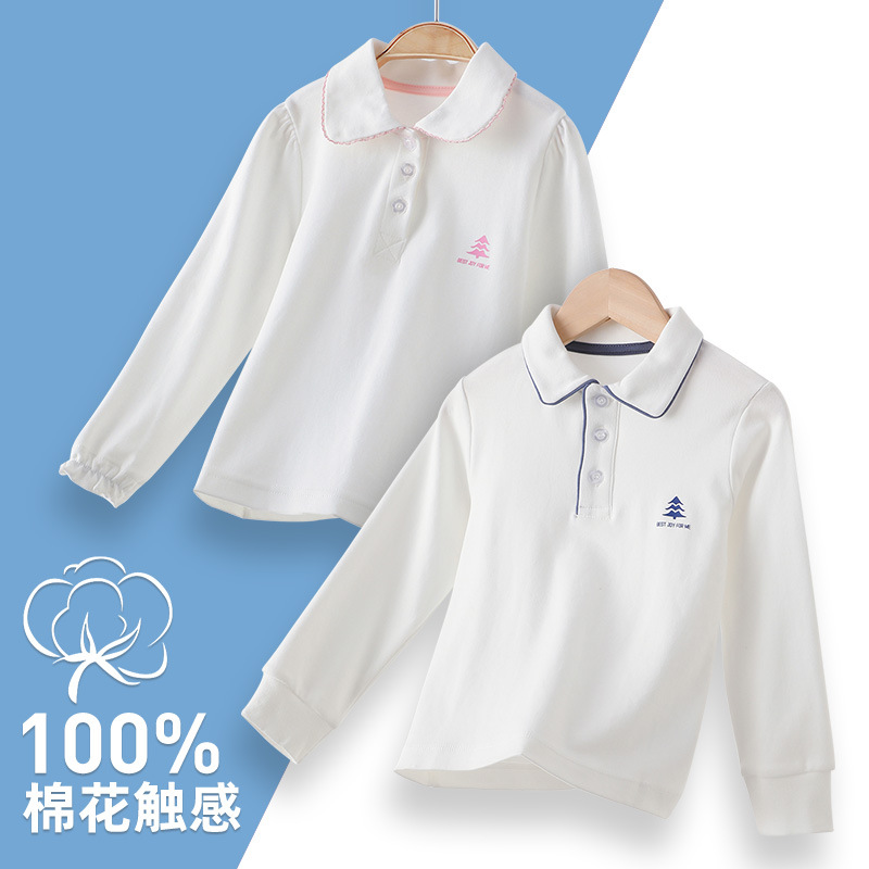 Children's Long-sleeved Polo Shirt Spring and Autumn Cotton T-shirt Small and Medium-sized Children's Shirt White School Uniform Lapel Base Shirt Sweat-absorbent