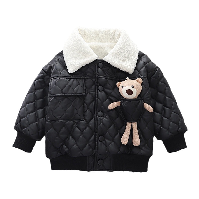 Picture of Children's Leather Cotton-padded Coat Winter 2023 New Boys Korean Style Lapel fleece-lined Thickened Cartoon Cotton-padded Coat Trendy