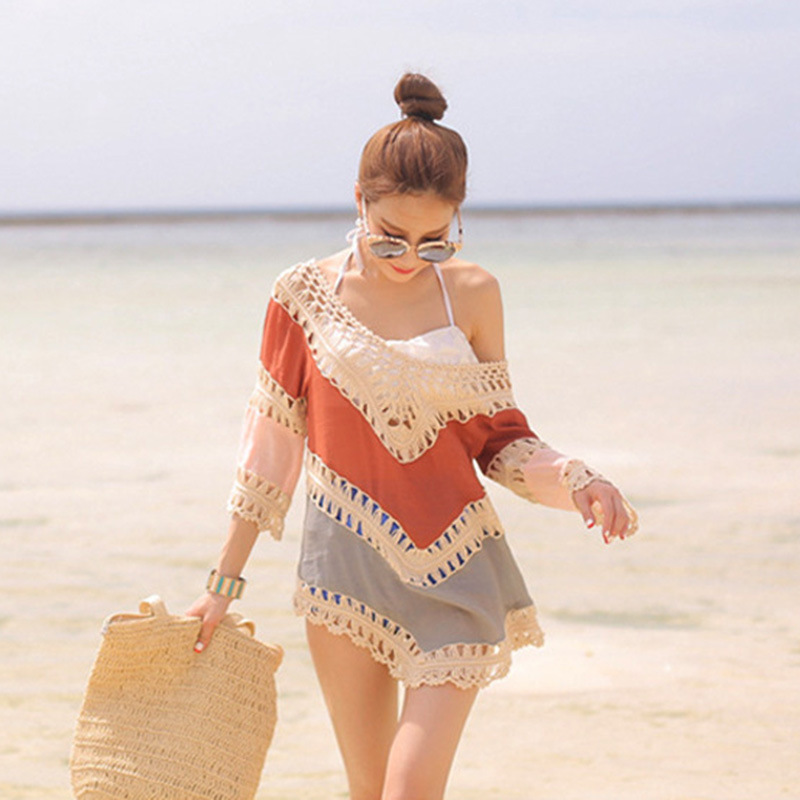 2018 New Seaside Holiday Seven-point Sleeve Color Matching Beach Sun-protective Clothing Women's Bikini Blouse Swimwear Coat
