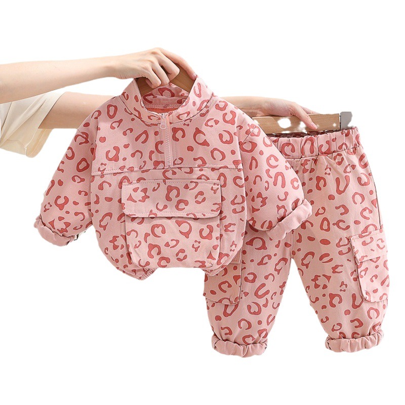 Baby Spring Clothing 2024 New Style Two-Piece Suit for Boys and Girls, Children's Leopard Print Stand-Up Collar Suit, Dropshipping