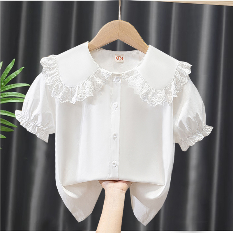 Girls Short-Sleeved Shirt Summer New Style Medium and Large Children's Summer Pure Cotton Shirt Doll Shirt White Top Cross-Border