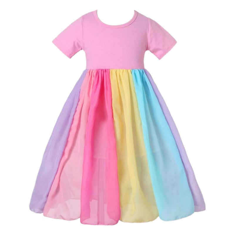 Foreign trade summer new girls skirt short sleeve rainbow stitching mesh dress girls rainbow princess dress wholesale