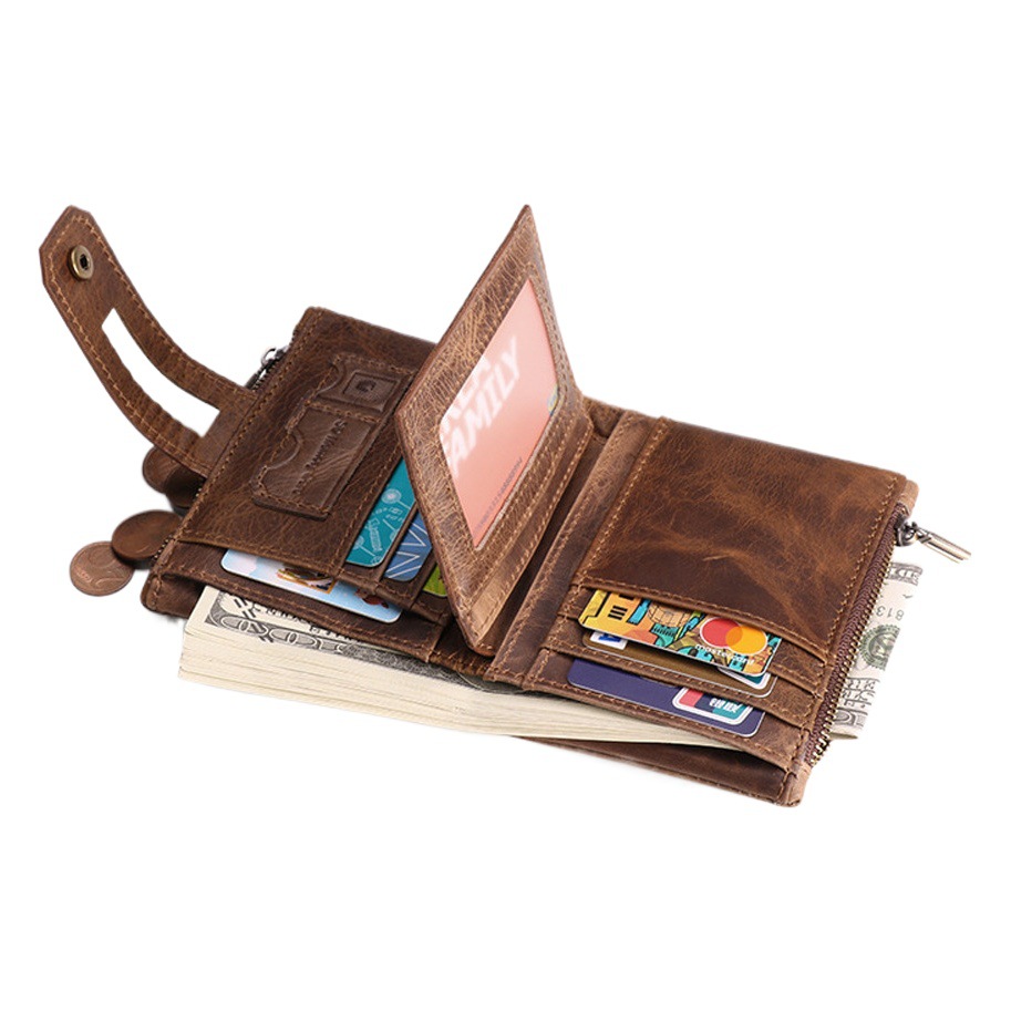Genuine Leather Men's Wallet Anti-theft Brush Multi-card Double Zipper Wallet Advanced Sense Fashion Casual Men's Hand-held Coin Purse