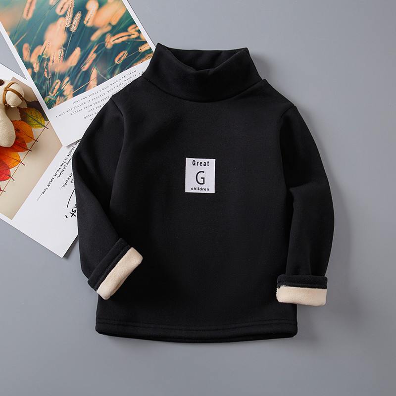 Picture of Children's Striped Fleece-Lined Thickened Base Shirt Turtleneck Top Middle Collar Single-Piece Half-High Collar Long-Sleeved T-Shirt for Boys and Girls