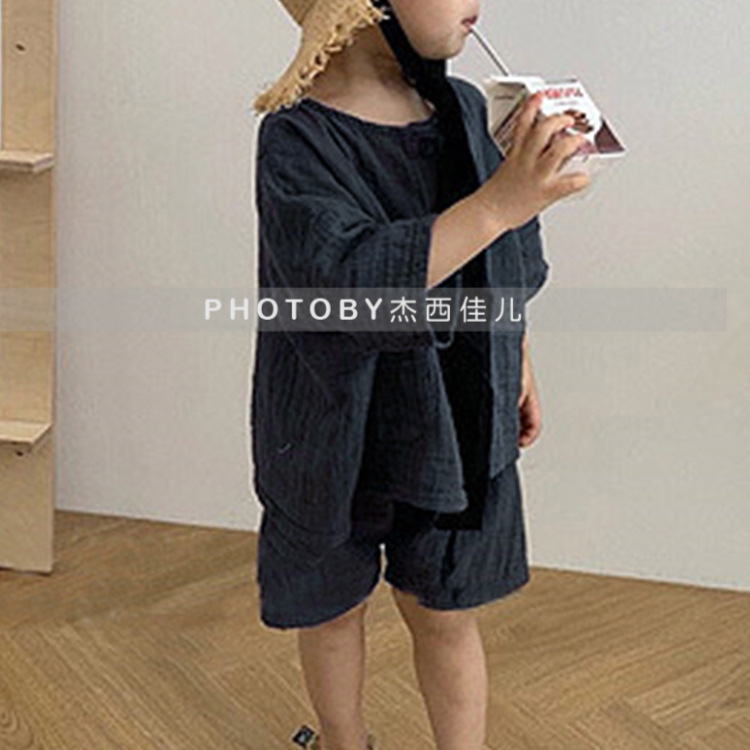 Picture of Children's Summer Korean Style New suit Vintage Mori Cotton Linen Wrinkle Single-breasted Loose Casual suit for Boys and Girls 2