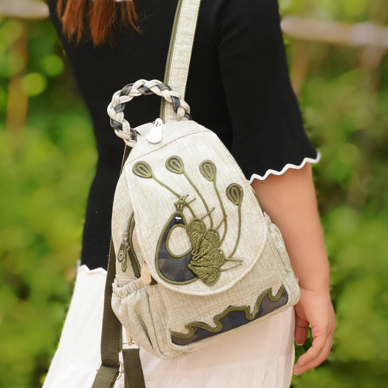 Peacock Backpack Casual Backpack Lightweight Cloth Bag Hand-woven Backpack Scenic Bag Large Capacity Cloth Bag