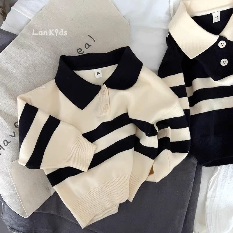 2023 New Korean Version Spring and Autumn Children's Sweater Men's and Women's Two-Button Striped Sweater Loose Short-Sleeved Western Style