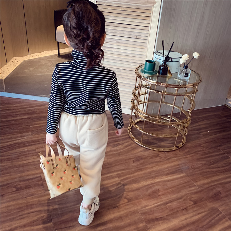 Picture of Children's Winter Girls' Base Shirt Autumn Outfit for Older Children, German Velvet Striped High-Neck Fleece Top, Children's Warm Top