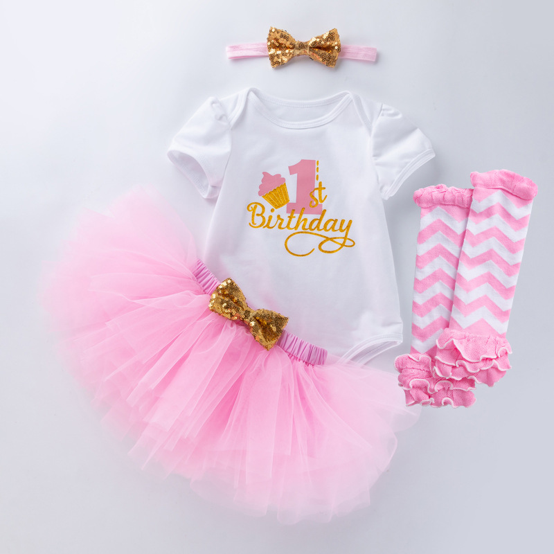 Picture of Cross-border Amazon European and American baby girls' birthday clothes 4-piece letter short-sleeved T-shirt princess dress socks suit