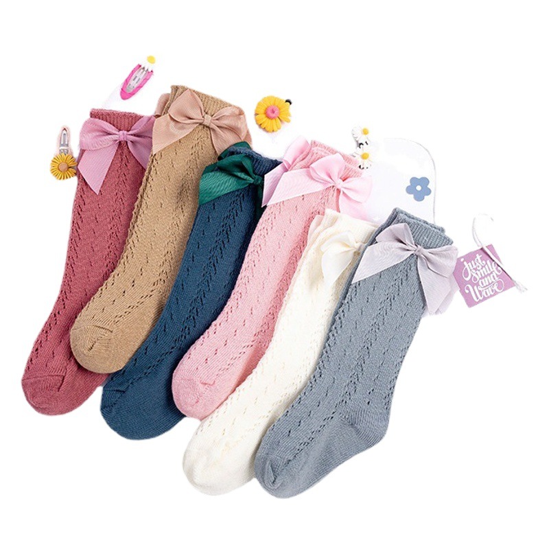 Spring and summer baby socks combed cotton hollow girls' stockings mesh bow children's socks knee socks wholesale