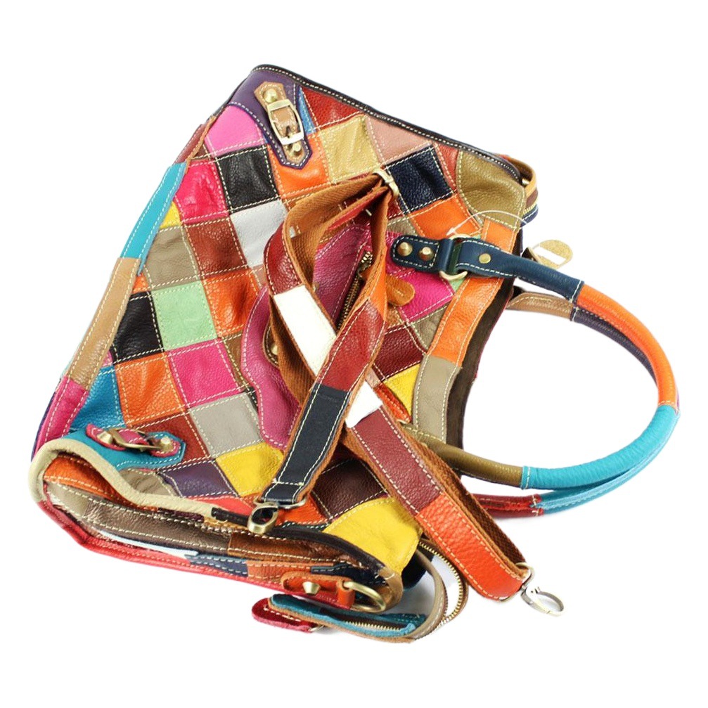 European and American Style Plaid Genuine Leather Women's Handbag Colorfulful Cowhide Quilted Stitching Single Shoulder Crossbody Bag Casual Large Bag